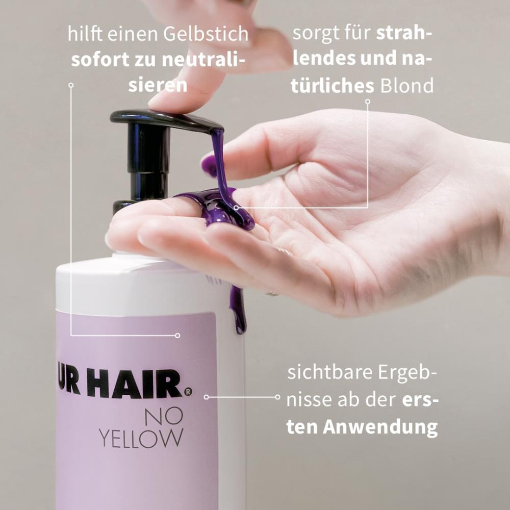 Finger pumpt violettes Shampoo aus PUR HAIR No Yellow Flasche, hilft einen Gelbstich sofort zu neutralisieren, sorgt für strahlendes und natürliches Blond oder Grau, sichtbare Ergebnisse ab der ersten Anwendung