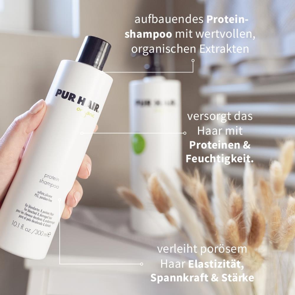 PUR HAIR Organic Protein Shampoo 300 ml – silikon- und sulfatfreies Shampoo mit Proteinen und organischen Extrakten für trockenes, poröses Haar