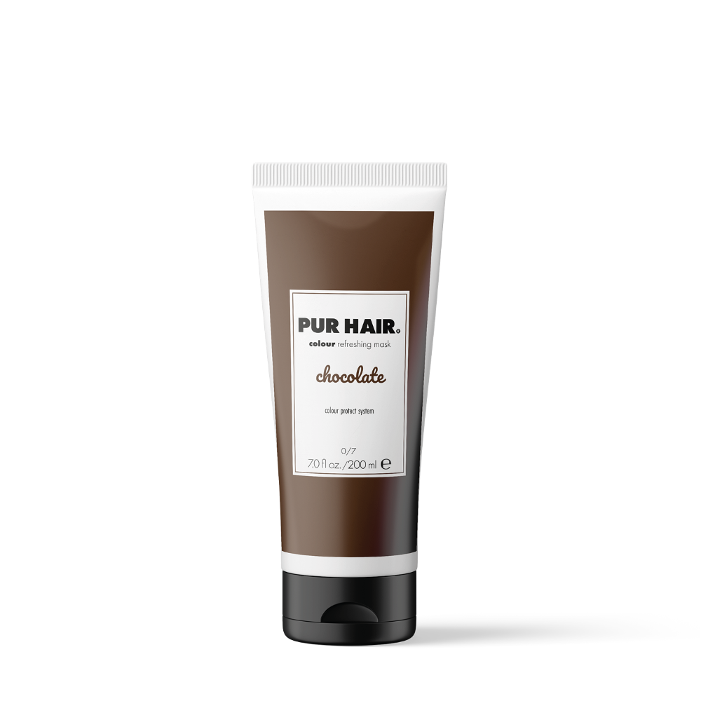 PUR HAIR Colour Refreshing Mask Chocolate – Farbauffrischende Haarmaske in brauner 200 ml Tube mit schwarzem Klappverschluss