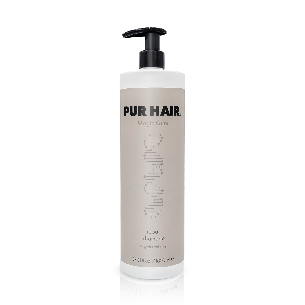 PUR HAIR Magic Gum Shampoo, 1000 ml Flasche in hellbraun mit schwarzem Pumpspender