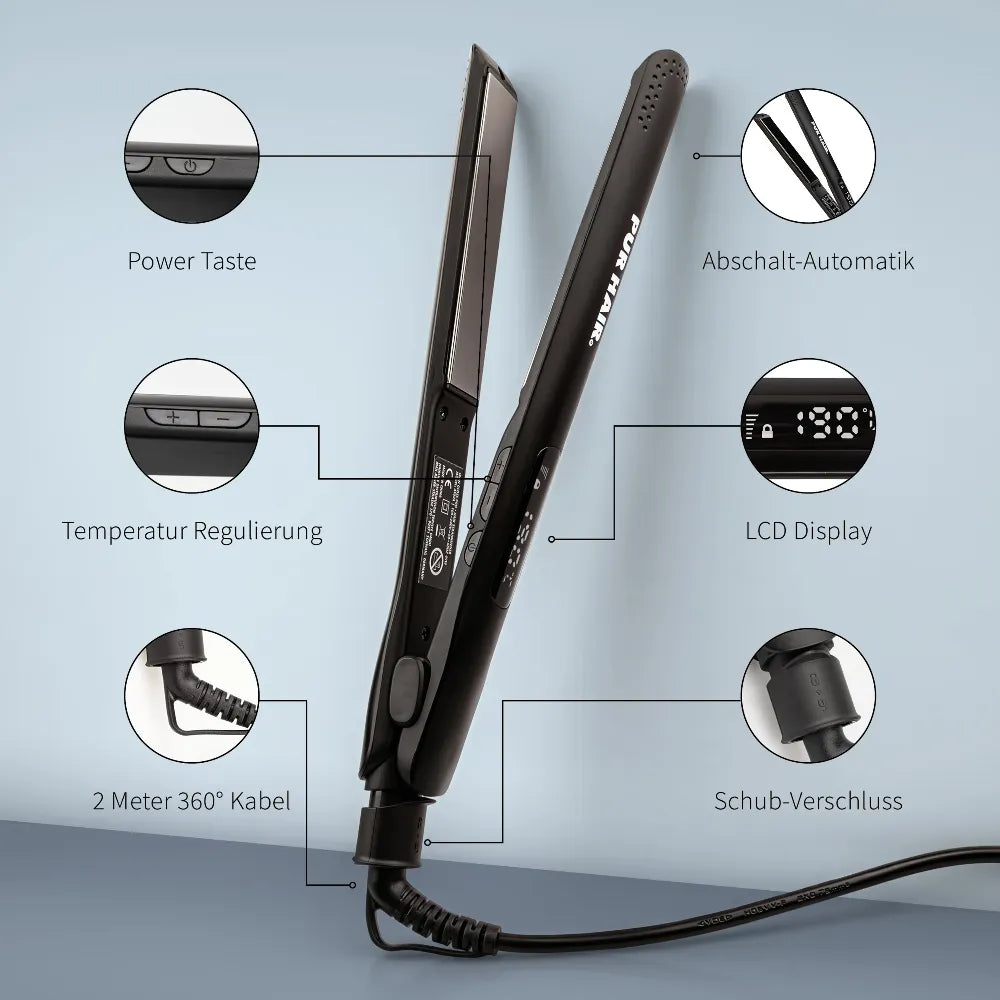 PUR HAIR Iron Gloss Pro mit LCD-Display, Temperaturregelung, Abschaltautomatik und 360°-Drehkabel.