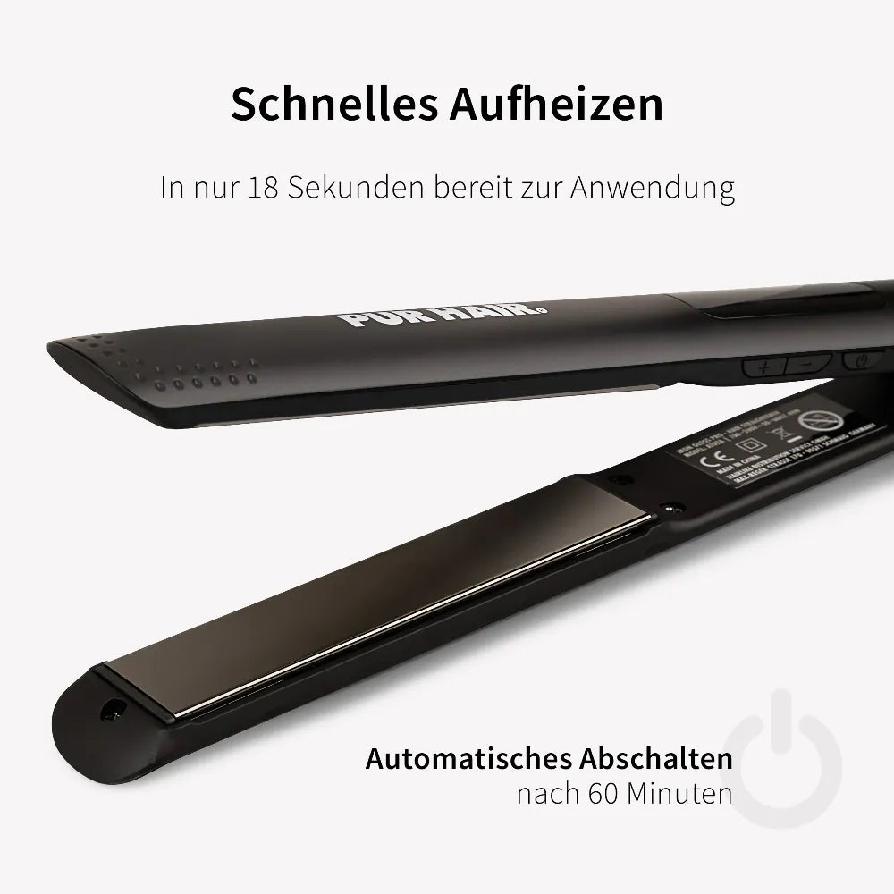 PUR HAIR Iron Gloss Pro heizt in nur 18 Sekunden auf und schaltet sich nach 60 Minuten automatisch ab.