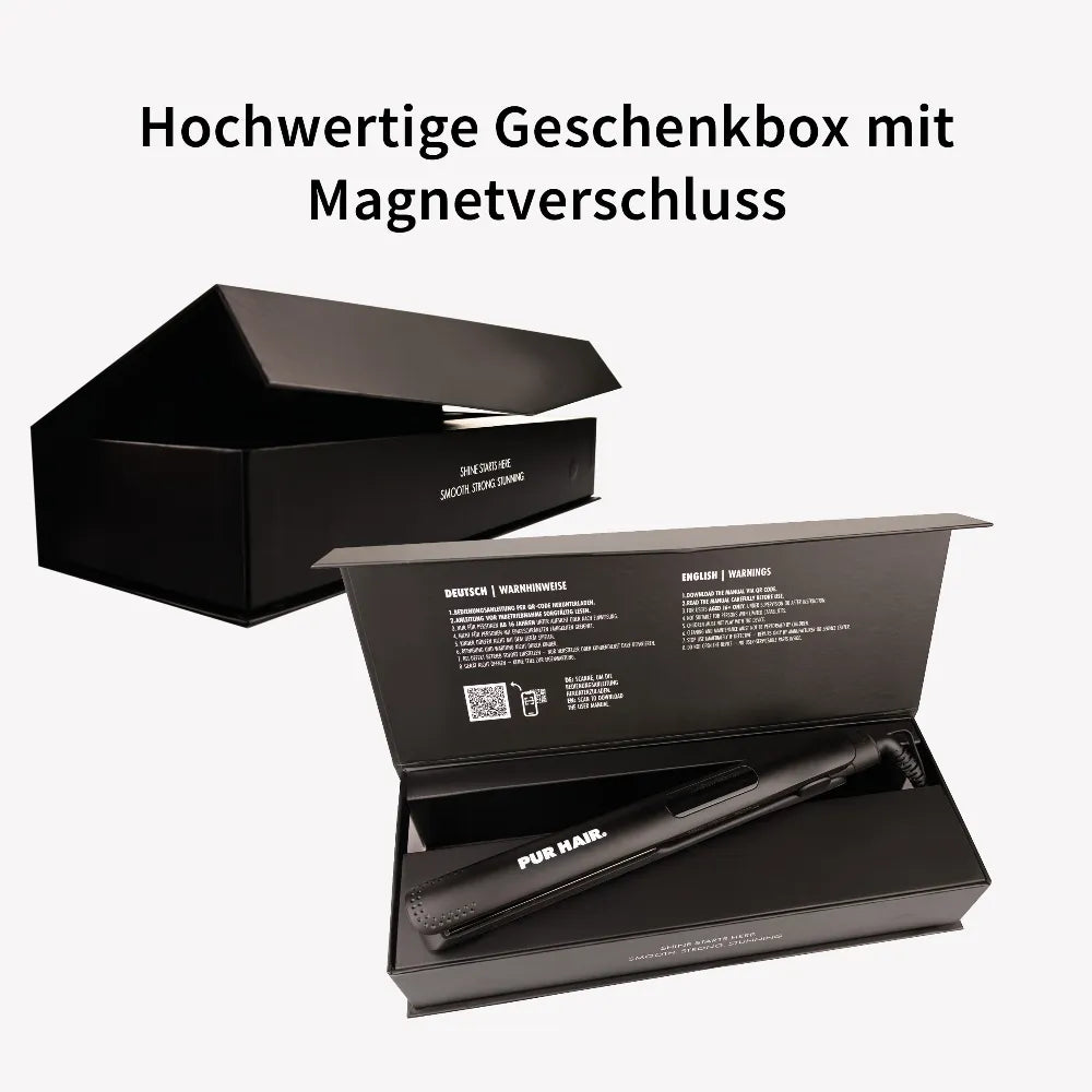Hochwertige Geschenkbox mit Magnetverschluss für das PUR HAIR Iron Gloss Pro Glätteisen.