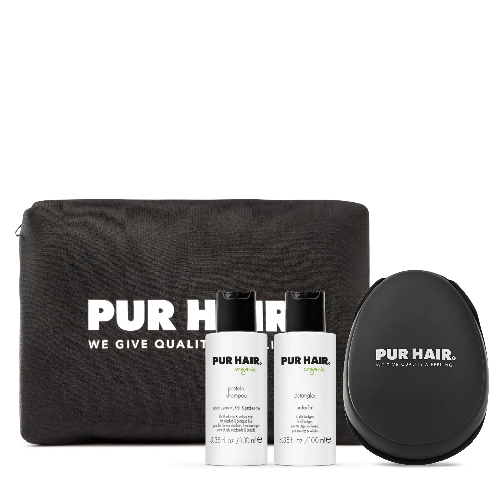 PUR HAIR Organic Travel Set Protein mit Protein Shampoo, Detangler, stylischer Kosmetiktasche und Detangler Brush – ideales Pflegeset für Reisen und Urlaub
