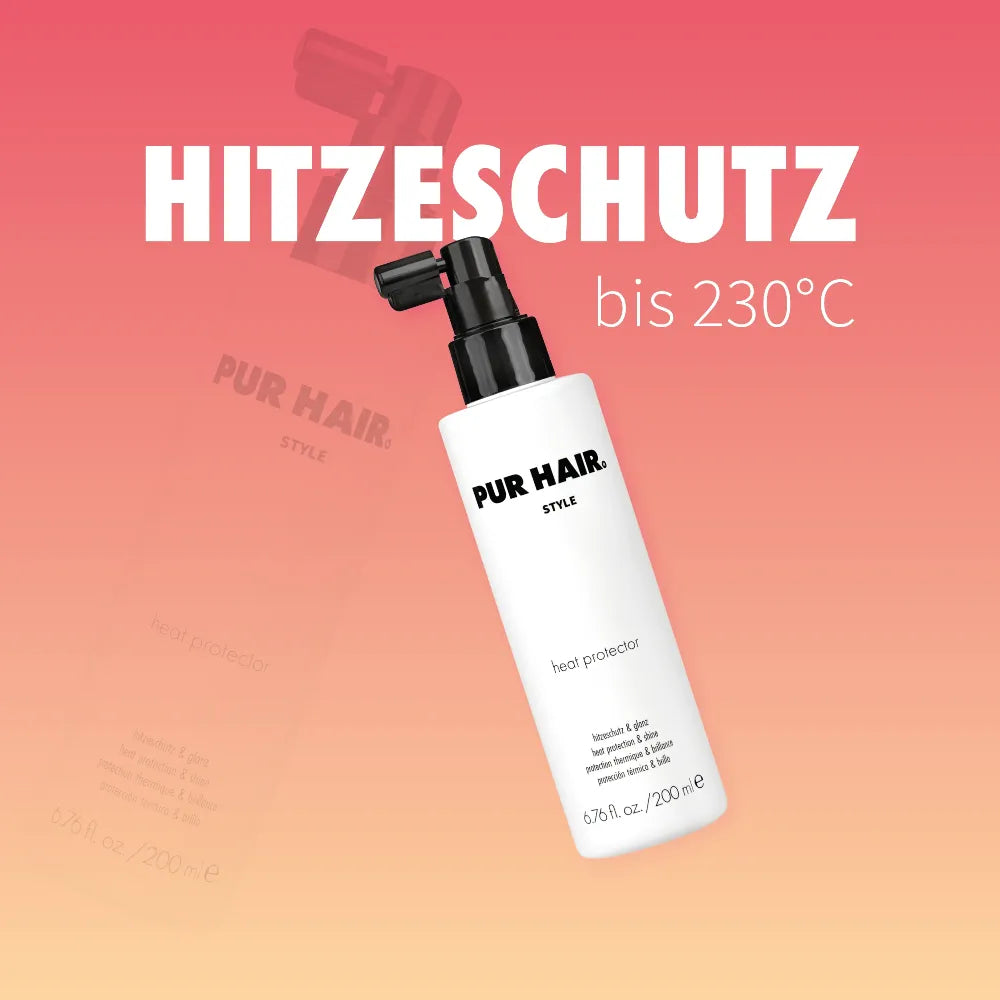 Weiße Flasche des PUR HAIR Heat Protectors vor einem Farbverlauf mit dem Hinweis auf Hitzeschutz bis 230 °C.
