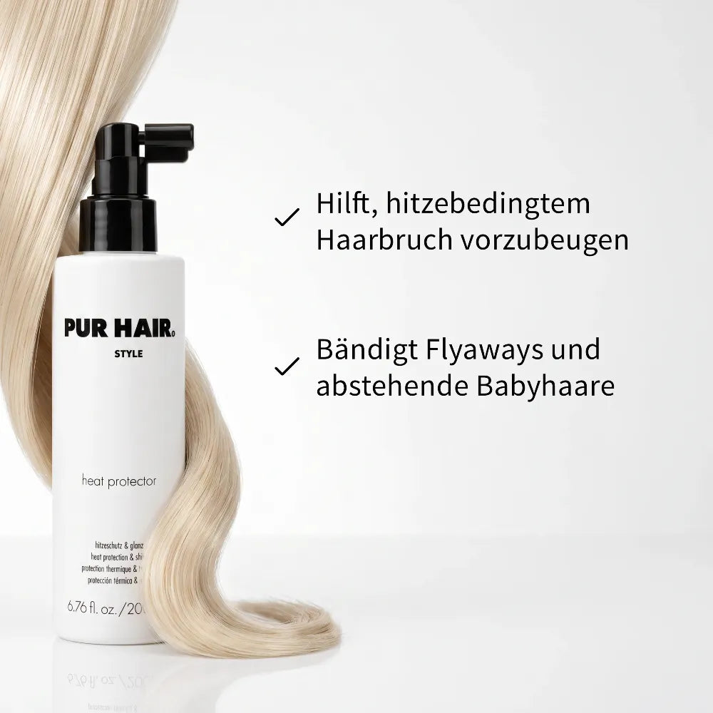 PUR HAIR Heat Protector Hitzeschutzspray neben einer blonden Haarsträhne mit Hinweisen zum Schutz vor hitzebedingtem Haarbruch und zur Kontrolle von Flyaways.