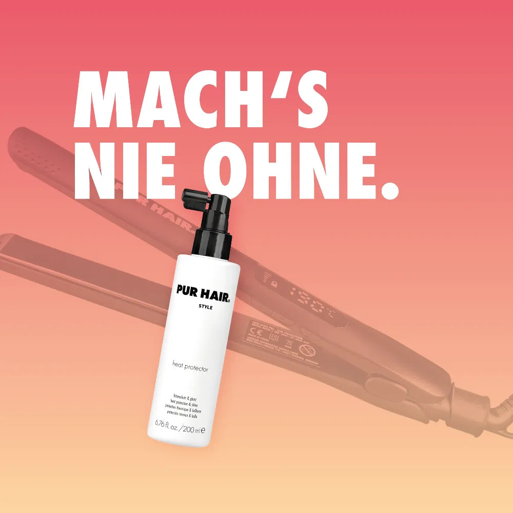 PUR HAIR Heat Protector Hitzeschutzspray vor einem Glätteisen auf Farbverlauf-Hintergrund als Schutz für das Haar beim Hitzestyling.