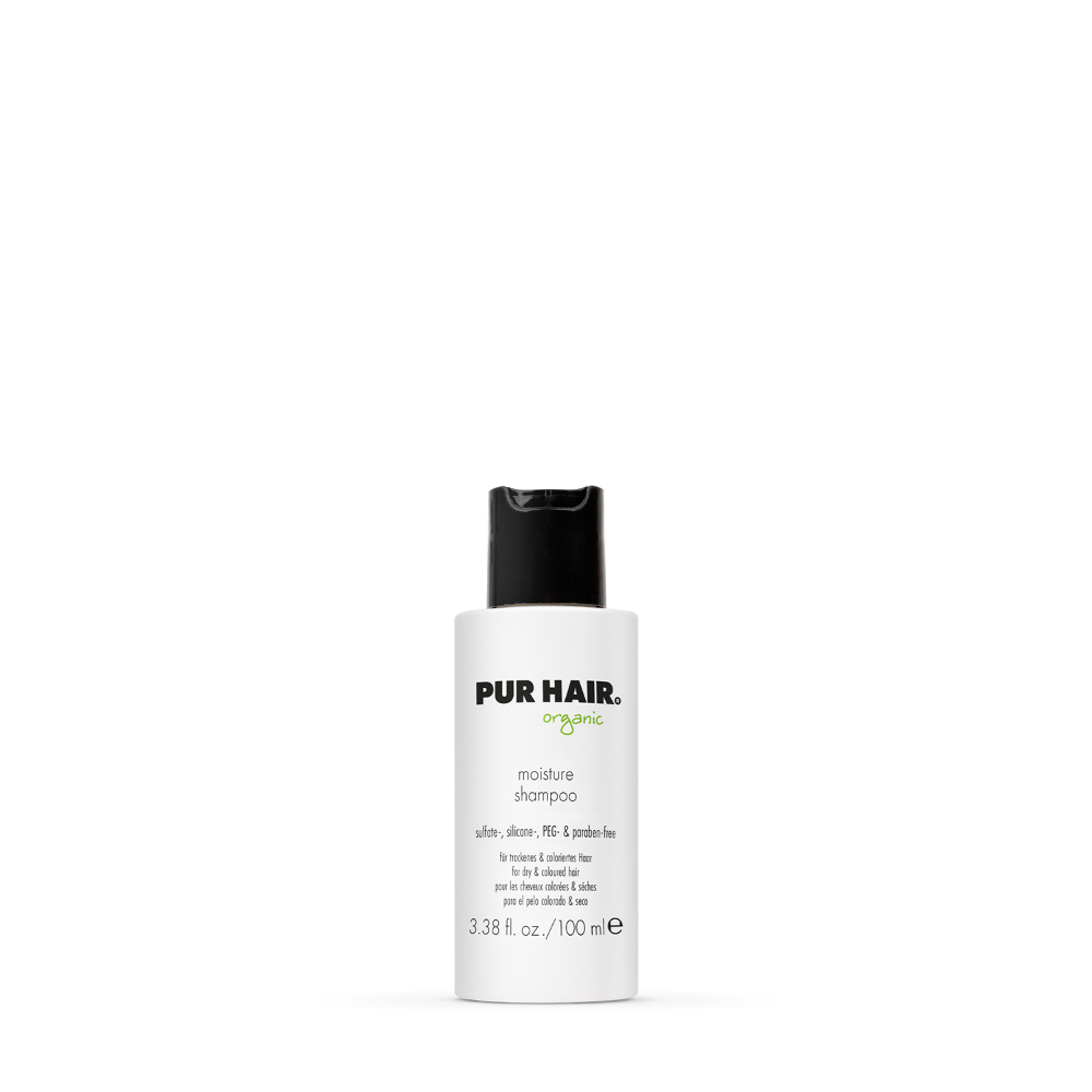 PUR HAIR Organic Moisture Shampoo, 100 ml Flasche in Weiß mit schwarzem Deckel