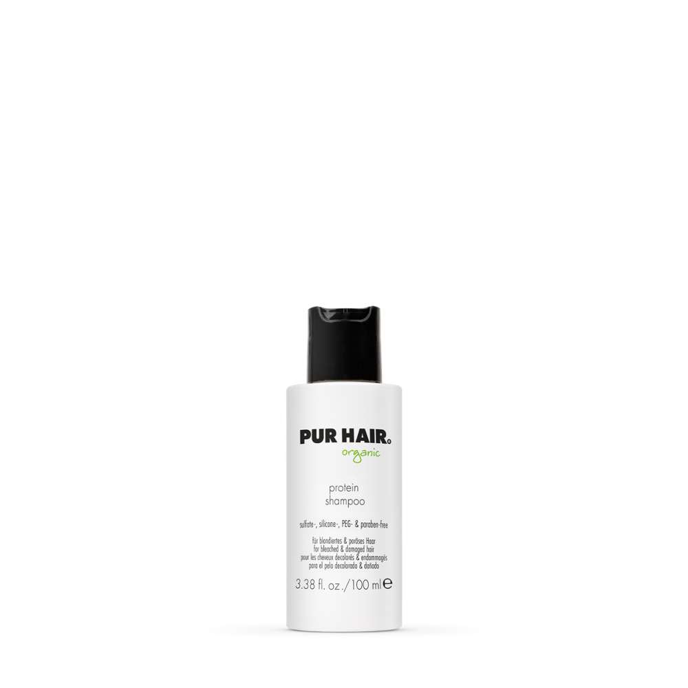 PUR HAIR Organic Protein Shampoo, 100 ml Flasche in Weiß mit schwarzem Deckel