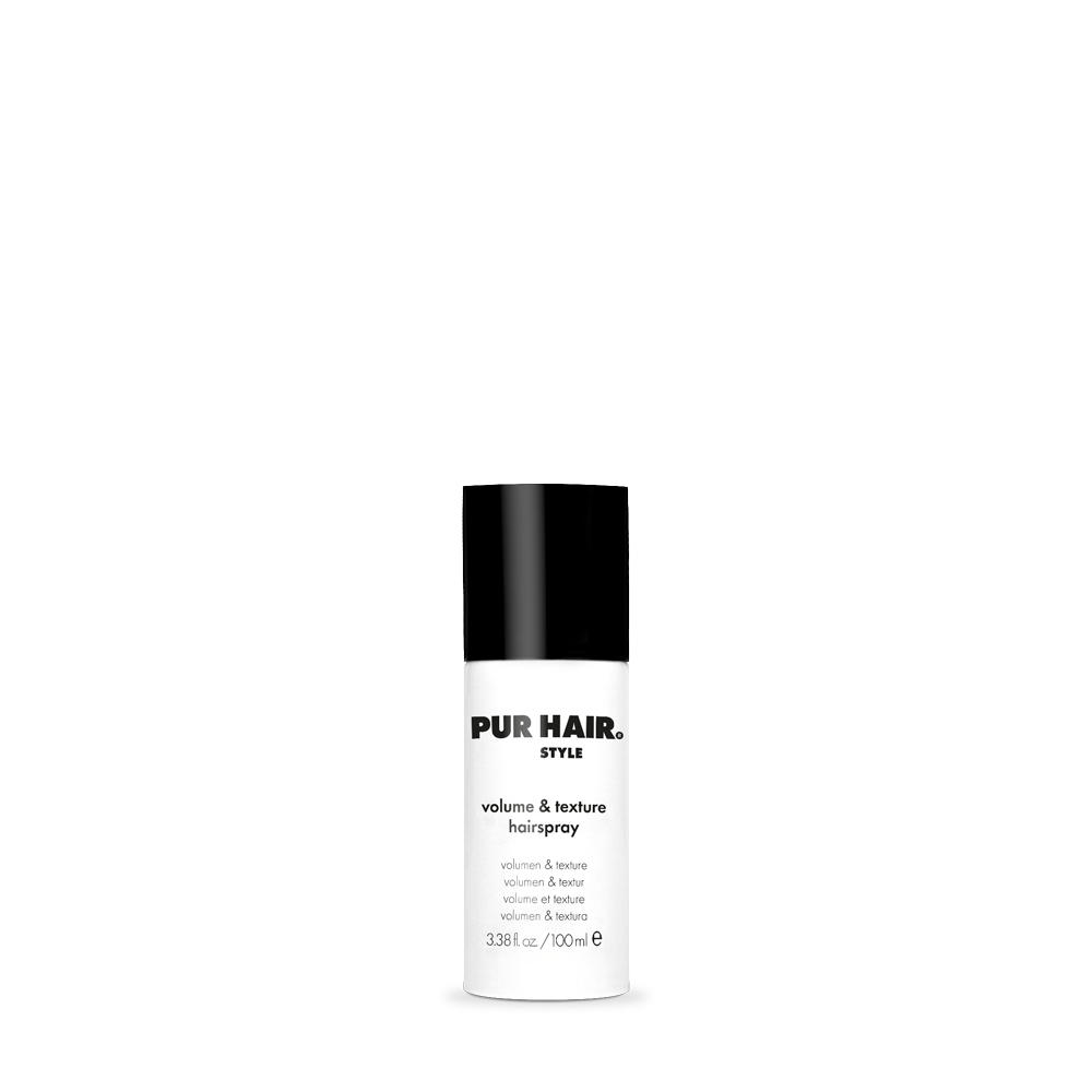 PUR HAIR Volume & Texture Hairspray in runder weißer Dose mit schwarzem Deckel, 100 ml