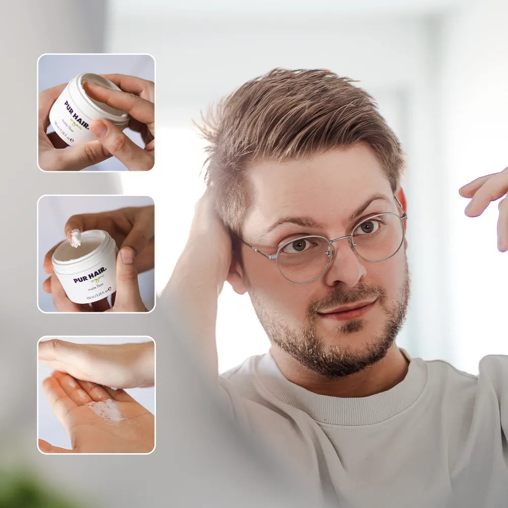 Mann mit kurzem Haar und einer Brille reibt sich das Matte Fiber in die Haare.
