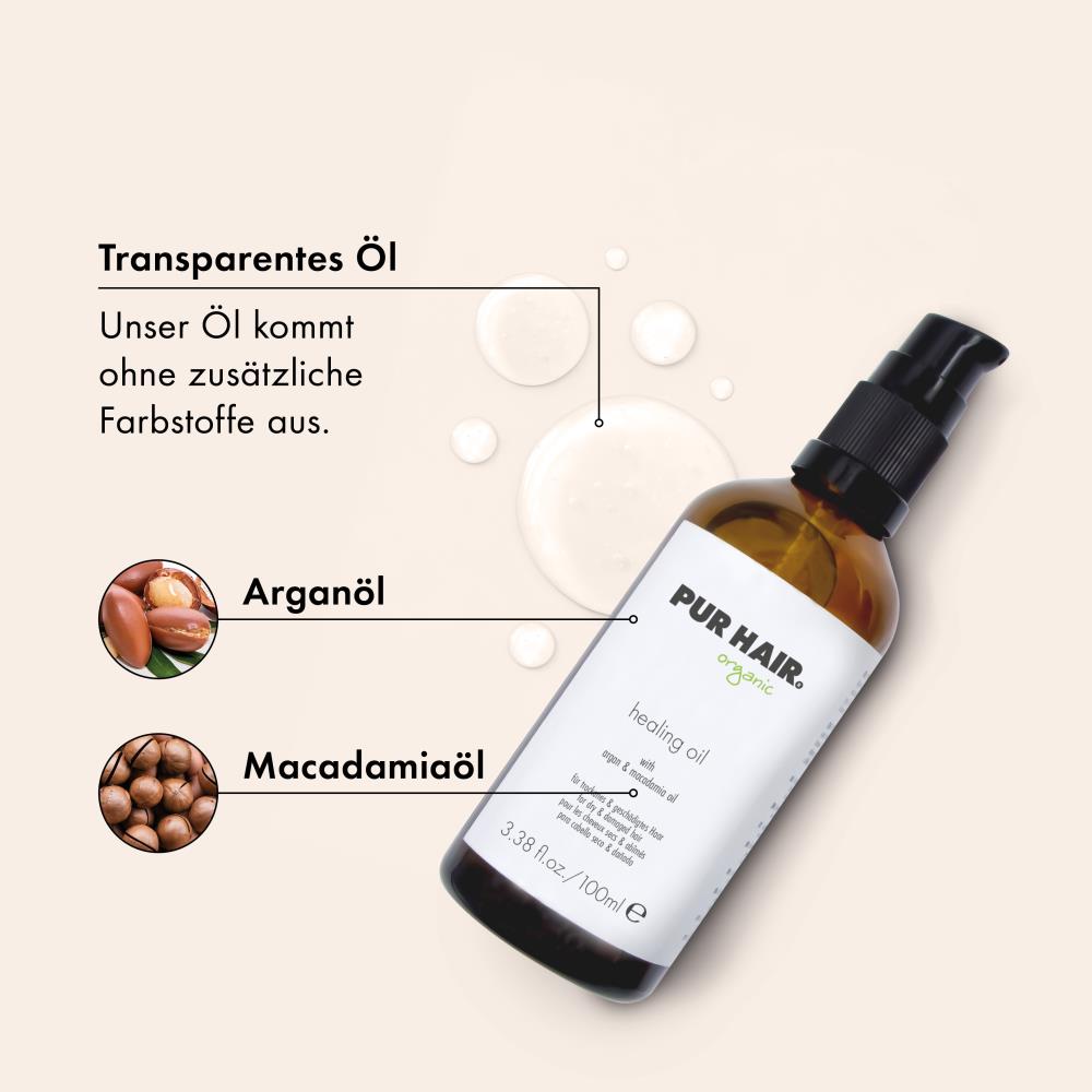 Braune Glasflasche PUR HAIR Organic Healing Oil, ein transparentes Haaröl ohne zusätzliche Farbstoffe, angereichert mit pflegendem Arganöl und Macadamiaöl
