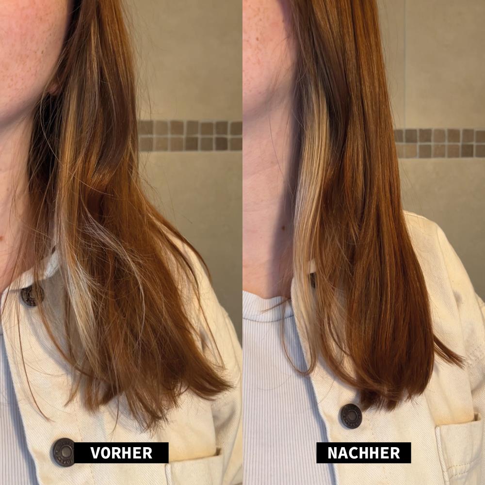 Nahaufnahme eines Vorher-Nachher-Vergleichs: Links wirken die Haare stumpf und leicht strohig, rechts nach der Anwendung sichtbar glatter, geschmeidiger und glänzender