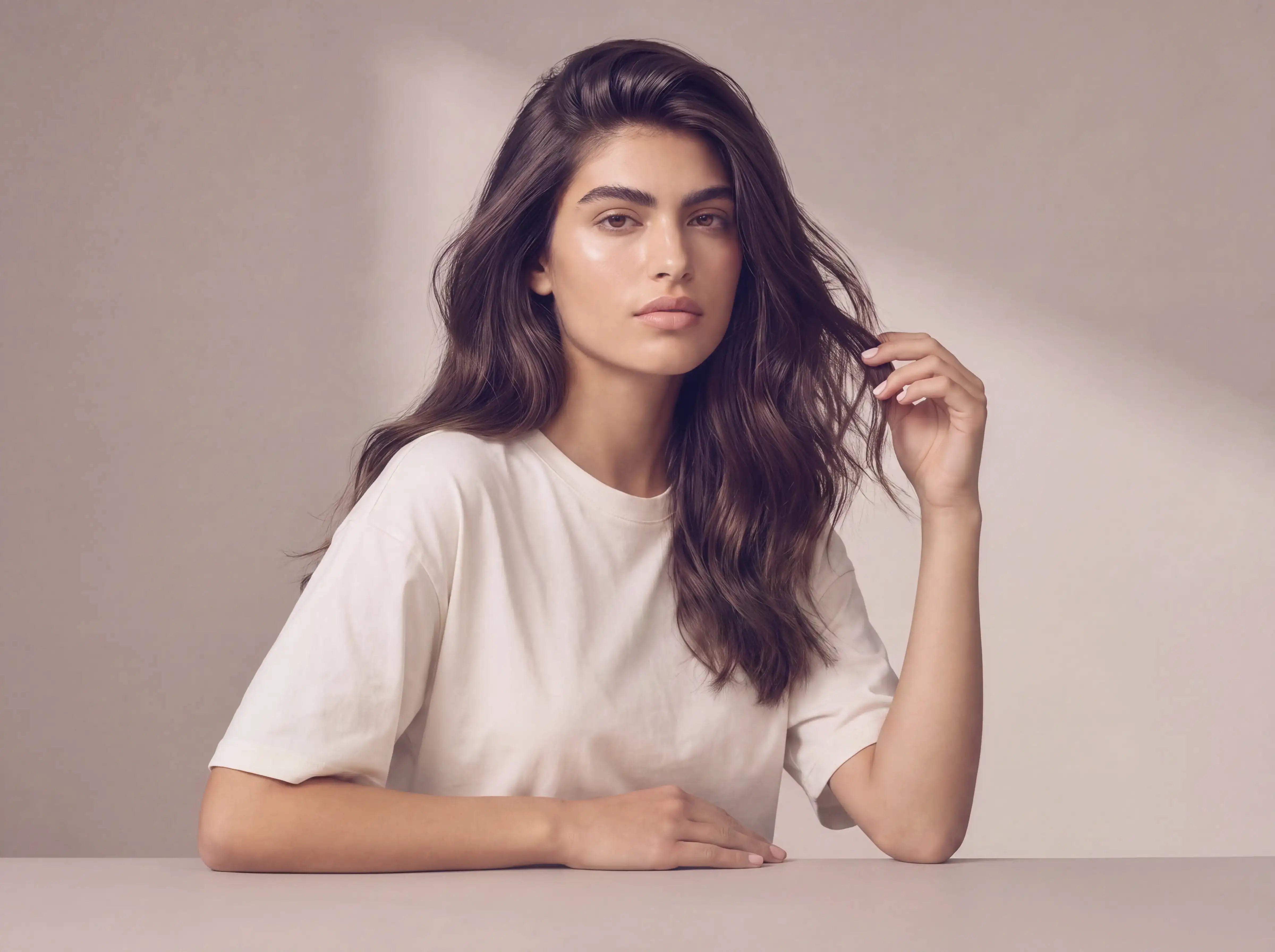 Model mit langem, voluminösem braunem Haar und natürlichem Wellen-Styling vor einem beigen Hintergrund.