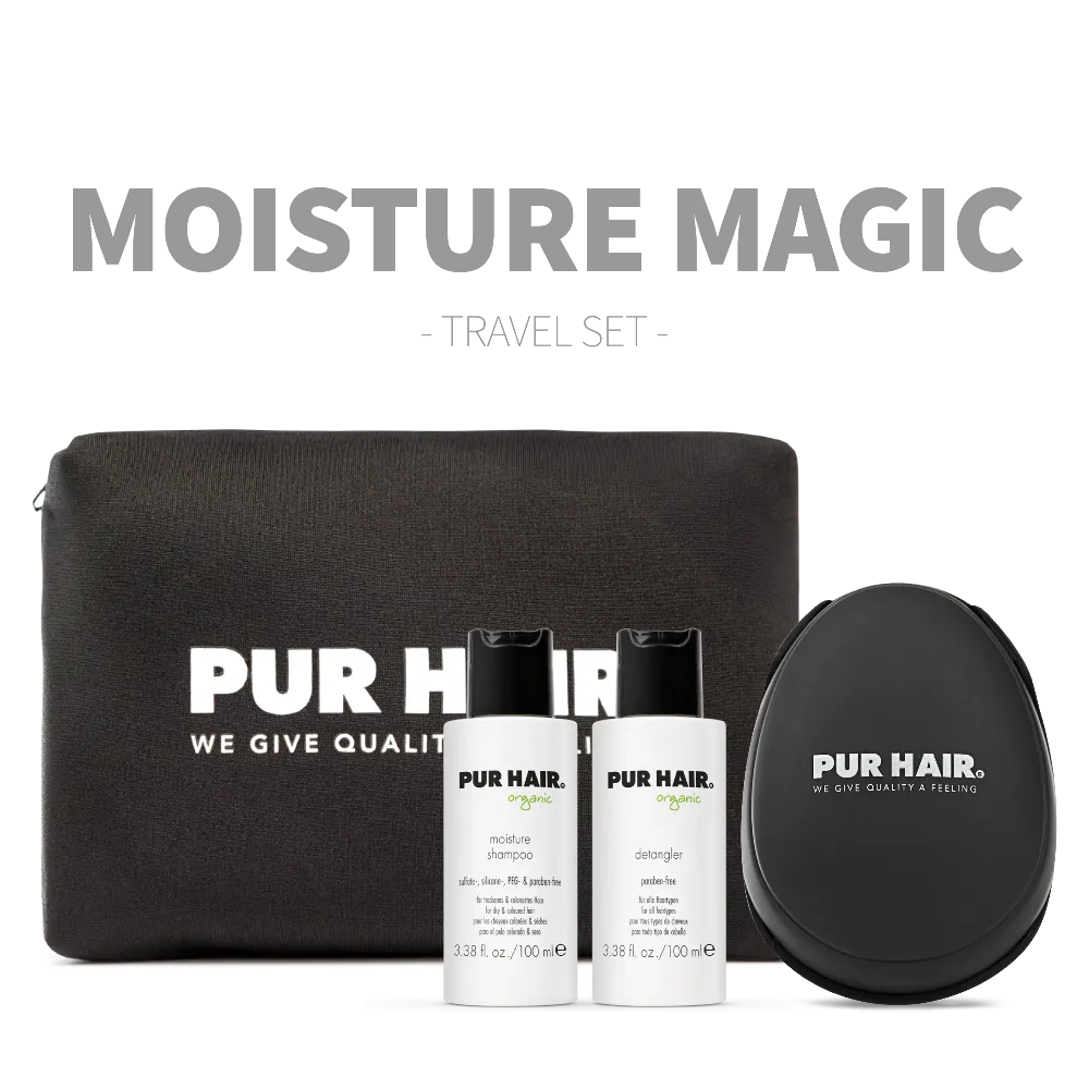 PUR HAIR Organic Travel Set Moisture mit Moisture Shampoo, Detangler, stylischer Kosmetiktasche und Detangler Brush – Moisture Magic
