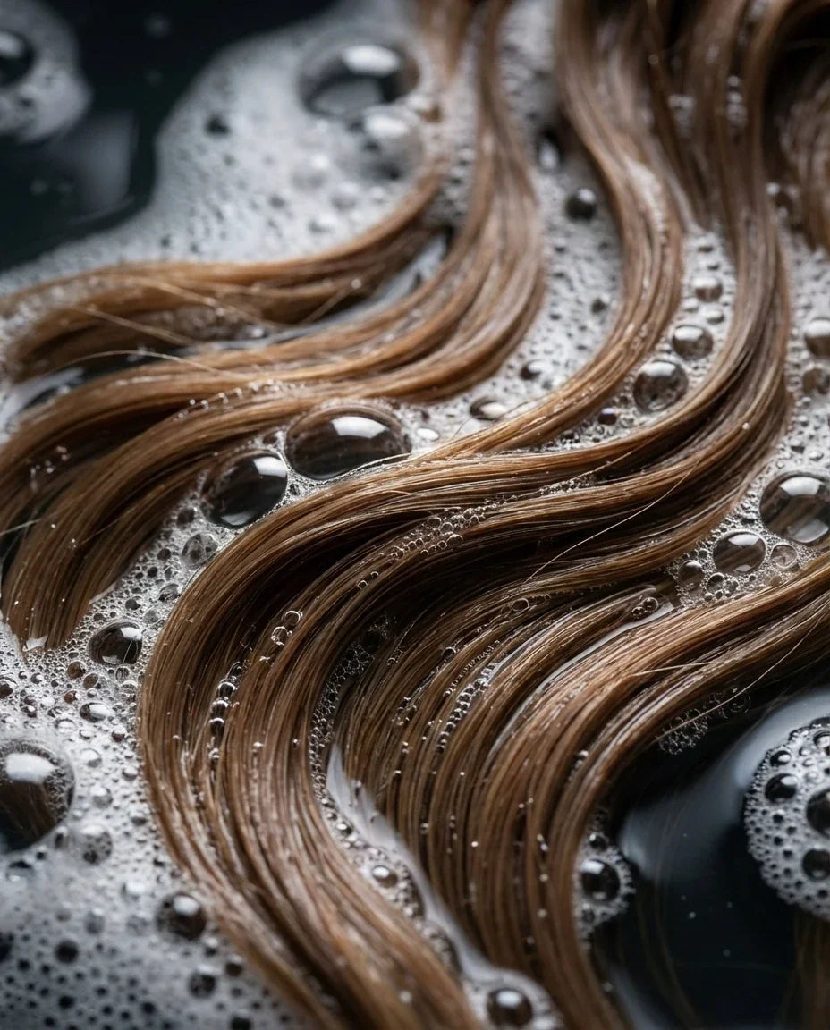 Haarsträhnen mit Shampoo-Schaum im Wasser – schonende Reinigung von Echthaar-Extensions ohne die Haarstruktur zu strapazieren.