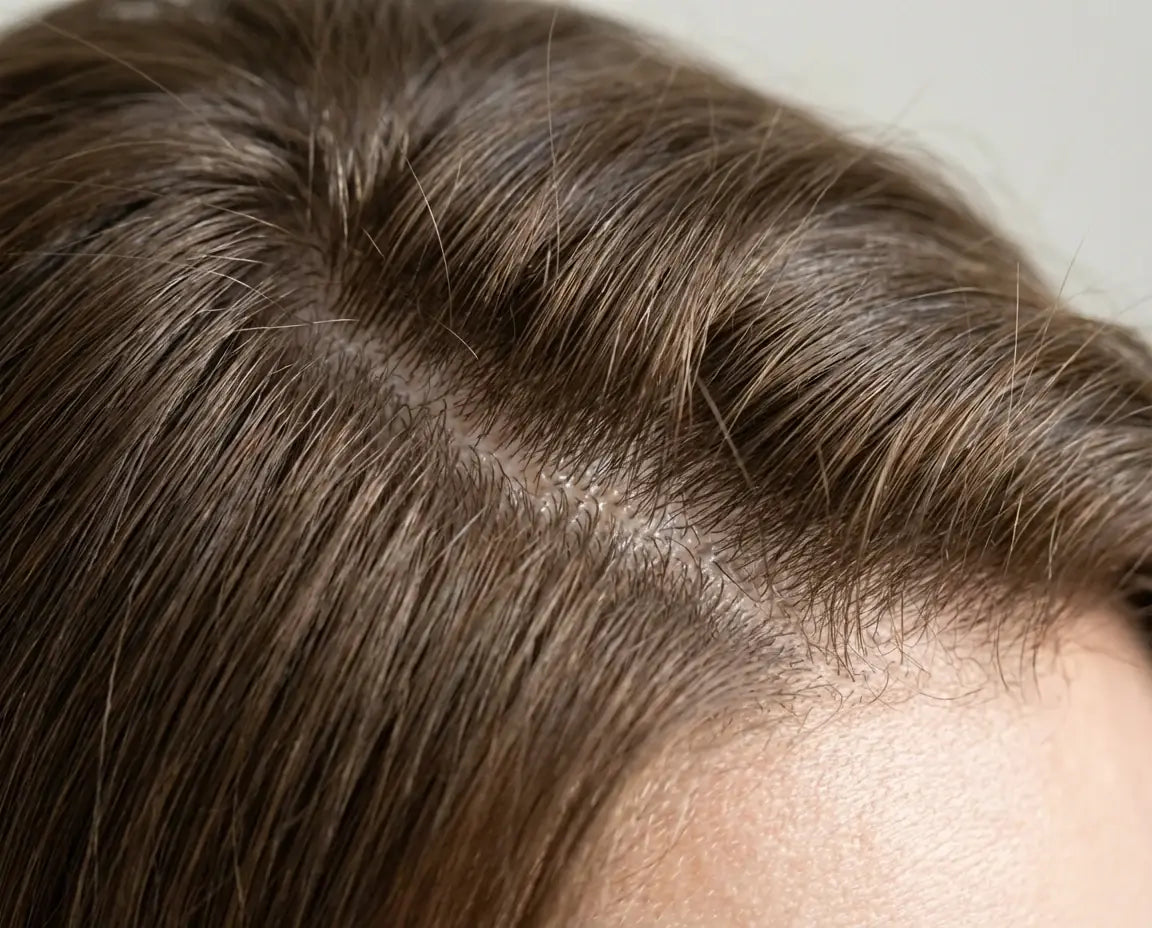 Nahaufnahme von fettigem Haaransatz mit sichtbarem Glanz – typische Anzeichen für schnell nachfettende Kopfhaut.