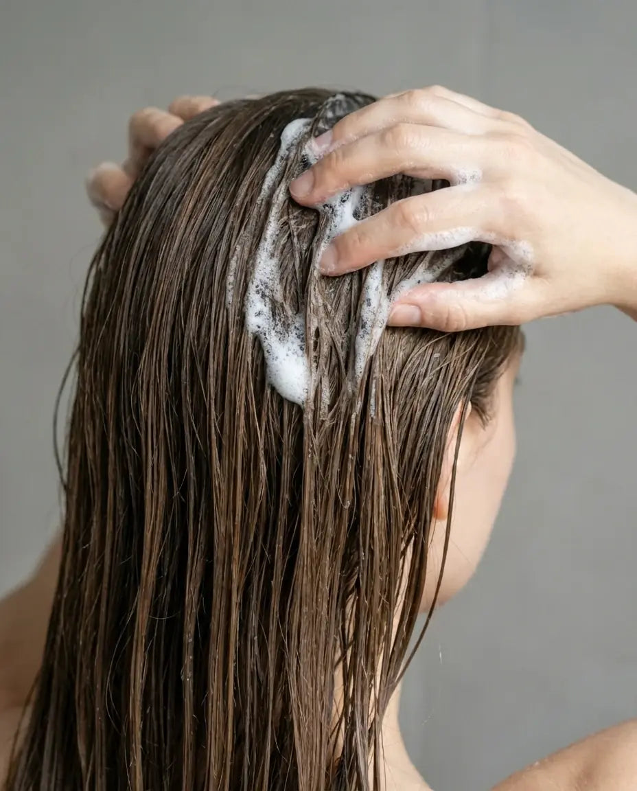 Shampoo wird gezielt in die Kopfhaut einmassiert – gründliche Reinigung bei fettigem Haar.