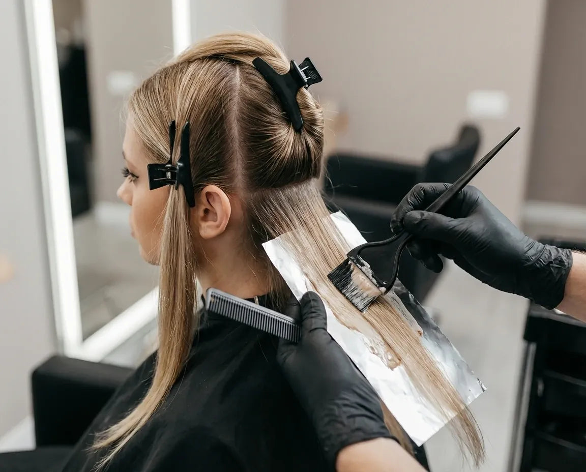 Friseurin trägt Blondierung mit Pinsel und Folie auf – professionelle Aufhellung zur Korrektur von Gelbstich bei blondem Haar.