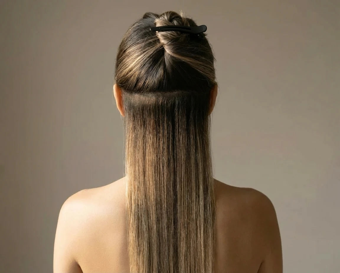 Abgeteiltes Haar mit sauberem Scheitel im Nackenbereich – Vorbereitung zum professionellen Haare glätten mit dem Glätteisen.