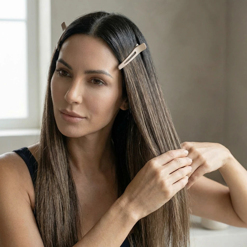Frau mit abgeteiltem, glattem Haar und Clips – optimale Vorbereitung für ein gleichmäßiges Styling-Ergebnis.