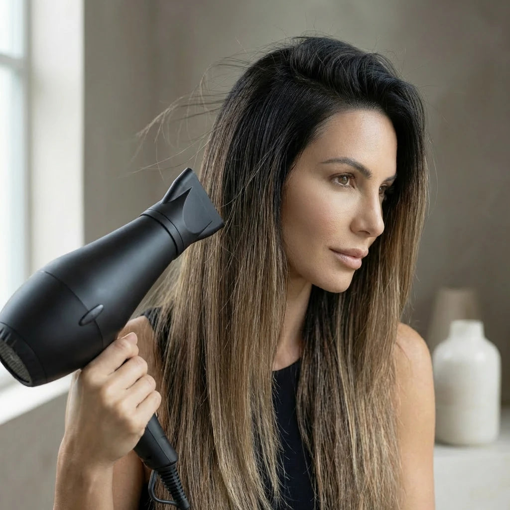 Föhnen mit schmaler Düse zur Vorbereitung auf das Glätteisen – glatte Basis für frizzfreies Styling.
