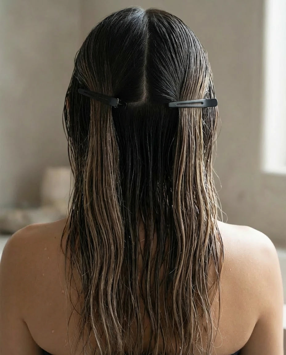 Abgeteiltes, handtuchtrockenes Haar von hinten – ideale Vorbereitung für das schrittweise Haare glätten.