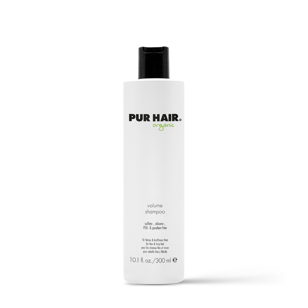 PUR HAIR Organic Volume Shampoo, 300 ml Flasche in Weiß mit schwarzem Deckel