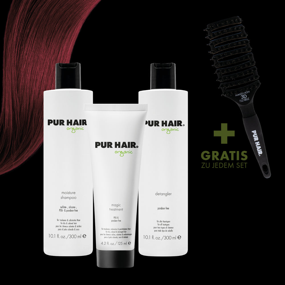 PUR HAIR Organic Haarpflegeset für gefärbtes, strohiges Haar: Detangler 300 ml, Moisture Shampoo 300 ml und Magic Treatment 125 ml, inklusive gratis Haarbürste