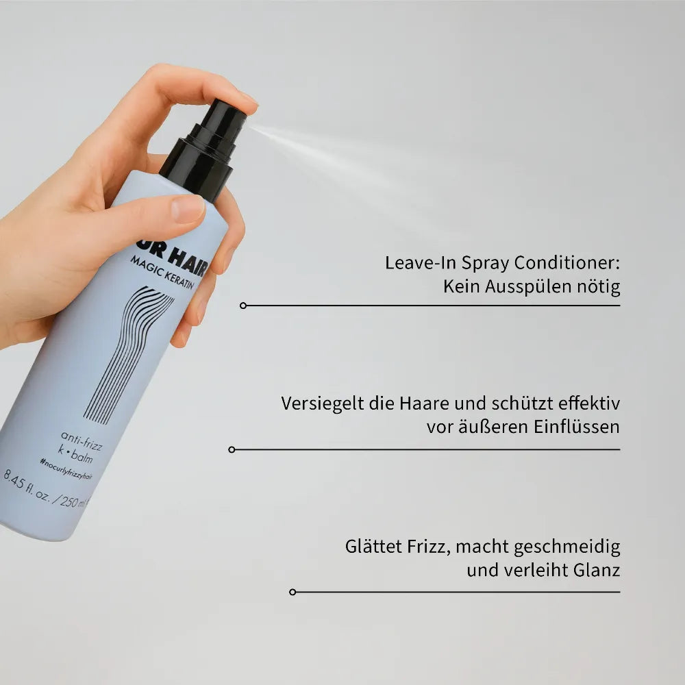 Hand sprüht K-Balm. Leave-In Spray Conditioner. Kein Ausspülen nötig. Versiegelt die Haare und schützt effektiv vor äußeren Einflüssen. Glättet Frizz, macht geschmeidig und verleiht Glanz.