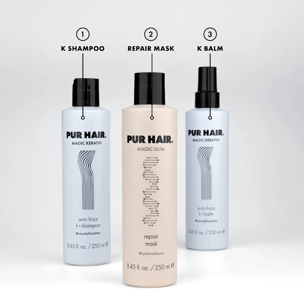 1. blaues K Shampoo, 2. beiges Repair Mask, 3. blaues K Balm