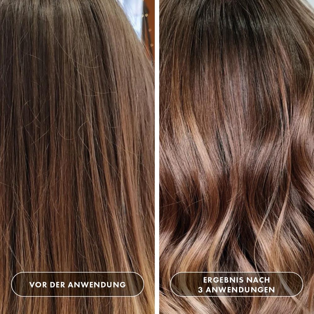 Haarvergleich vor und nach der Anwendung – feines, kraftloses Haar wirkt nach 3 Anwendungen voller, glänzender und kräftiger