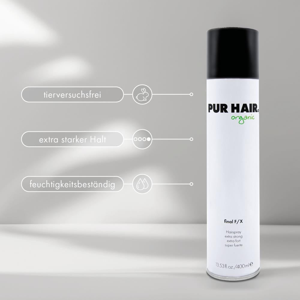 PUR HAIR Organic Final F/X Haarspray in weißer Dose mit schwarzem Deckel, hervorgehobene Eigenschaften: tierversuchsfrei, extra starker Halt, feuchtigkeitsbeständig