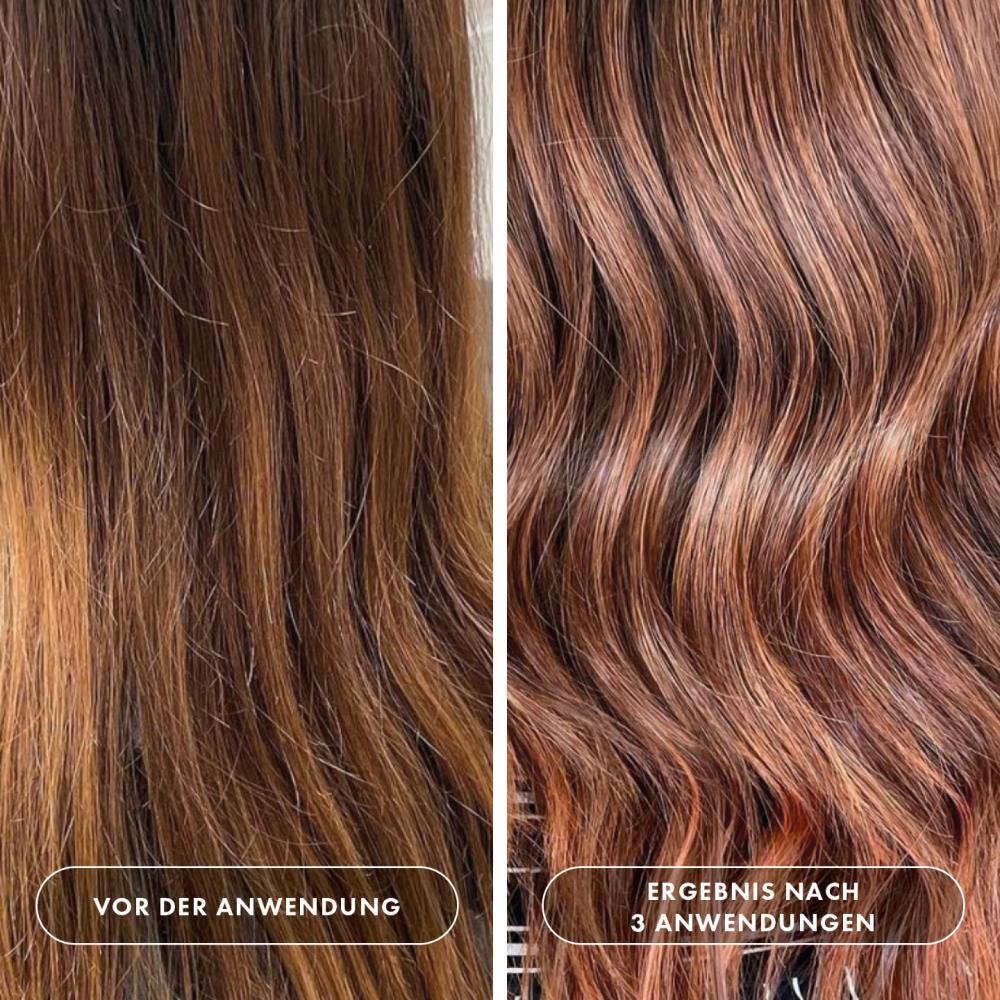 Vorher-Nachher-Vergleich gefärbtes Haar: links stumpf und glanzlos vor der Anwendung, rechts gesund glänzend mit intensiverer Farbe und definierter Struktur nach 3 Anwendungen