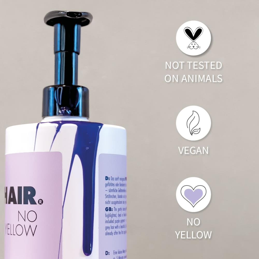 PUR HAIR No Yellow Shampoo in weißer Flasche mit Pumpspender und violettem Farbverlauf, hervorgehobene Eigenschaften: nicht an Tieren getestet, vegan, neutralisiert Gelbstich