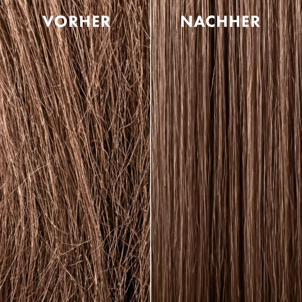 Vorher-Nachher-Vergleich von Haarstruktur: Links trockenes, strohiges Haar, rechts sichtbar glattes, gepflegtes und glänzendes Haar nach Anwendung von Haarpflegeprodukt